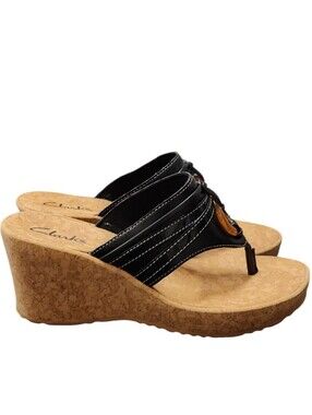 Clarks Yacht Marina Black Wedge Thong Sandal - Size 7.5